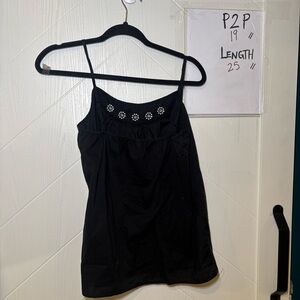 Black Cotton Camisole Tank Top White Floral Embroidery Boho Summer Festival